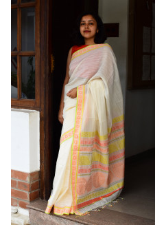 Off-White, Handwoven Organic Cotton, Textured Weave , Jacquard, Work Wear Saree